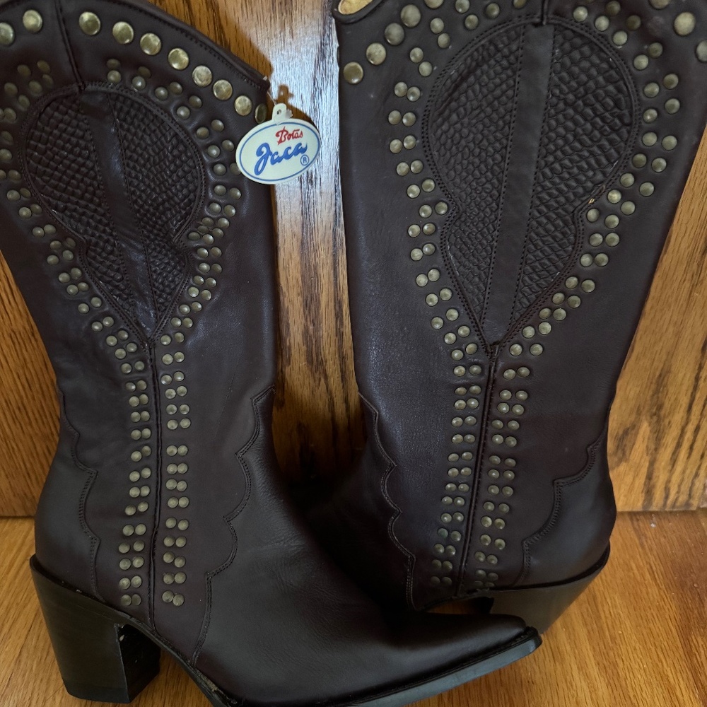 Jaca Boots Women Brown Brass Studded Leather Western Boots